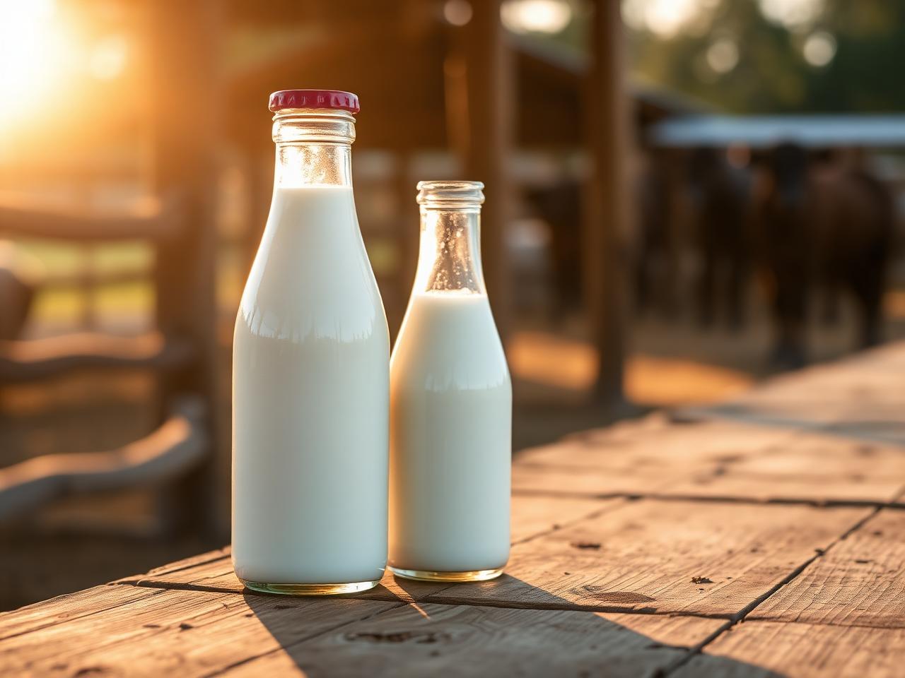 Glass bottles of fresh buffalo milk on a wooden table at sunrise