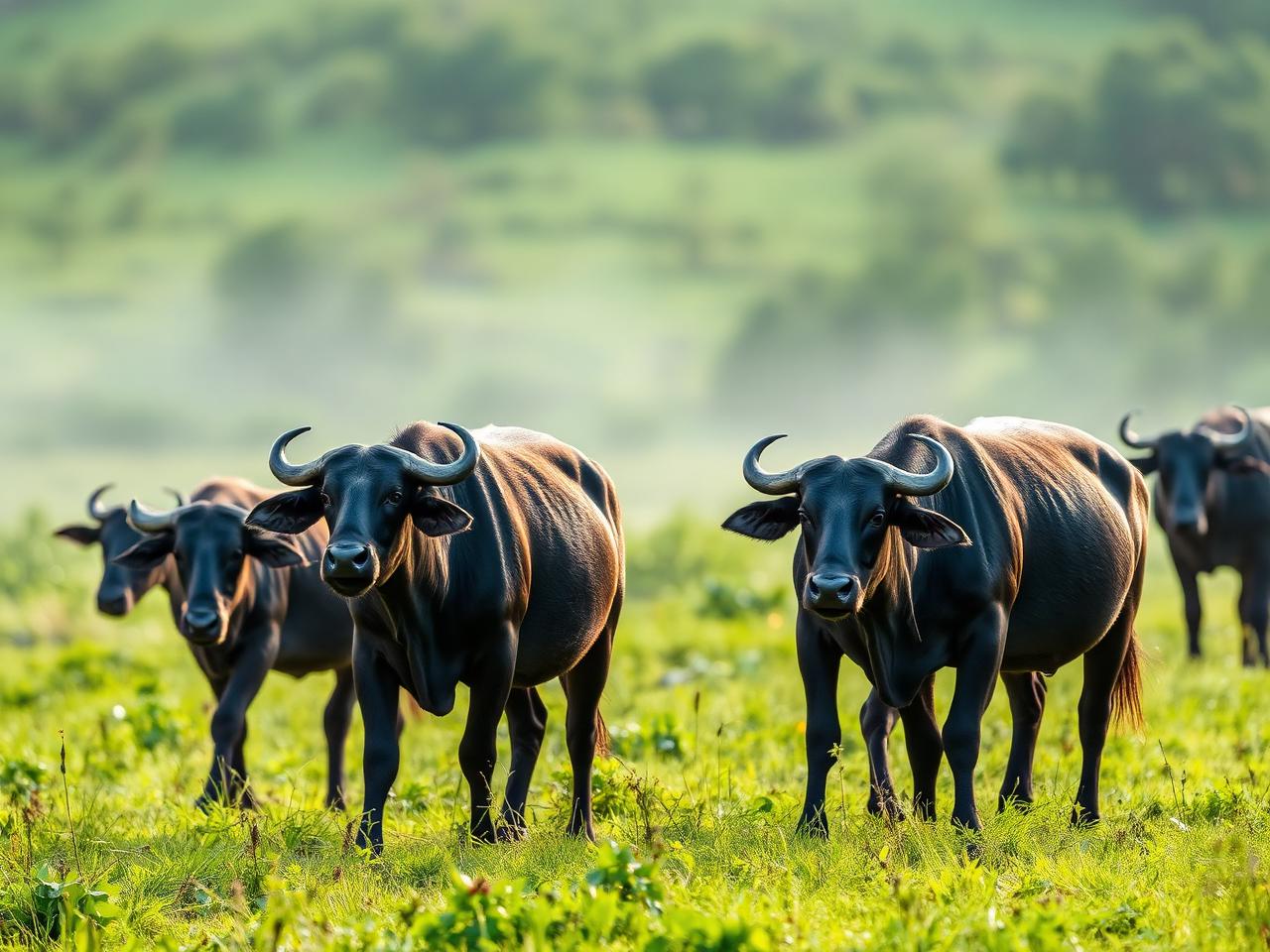 Healthy buffaloes grazing in green pastures