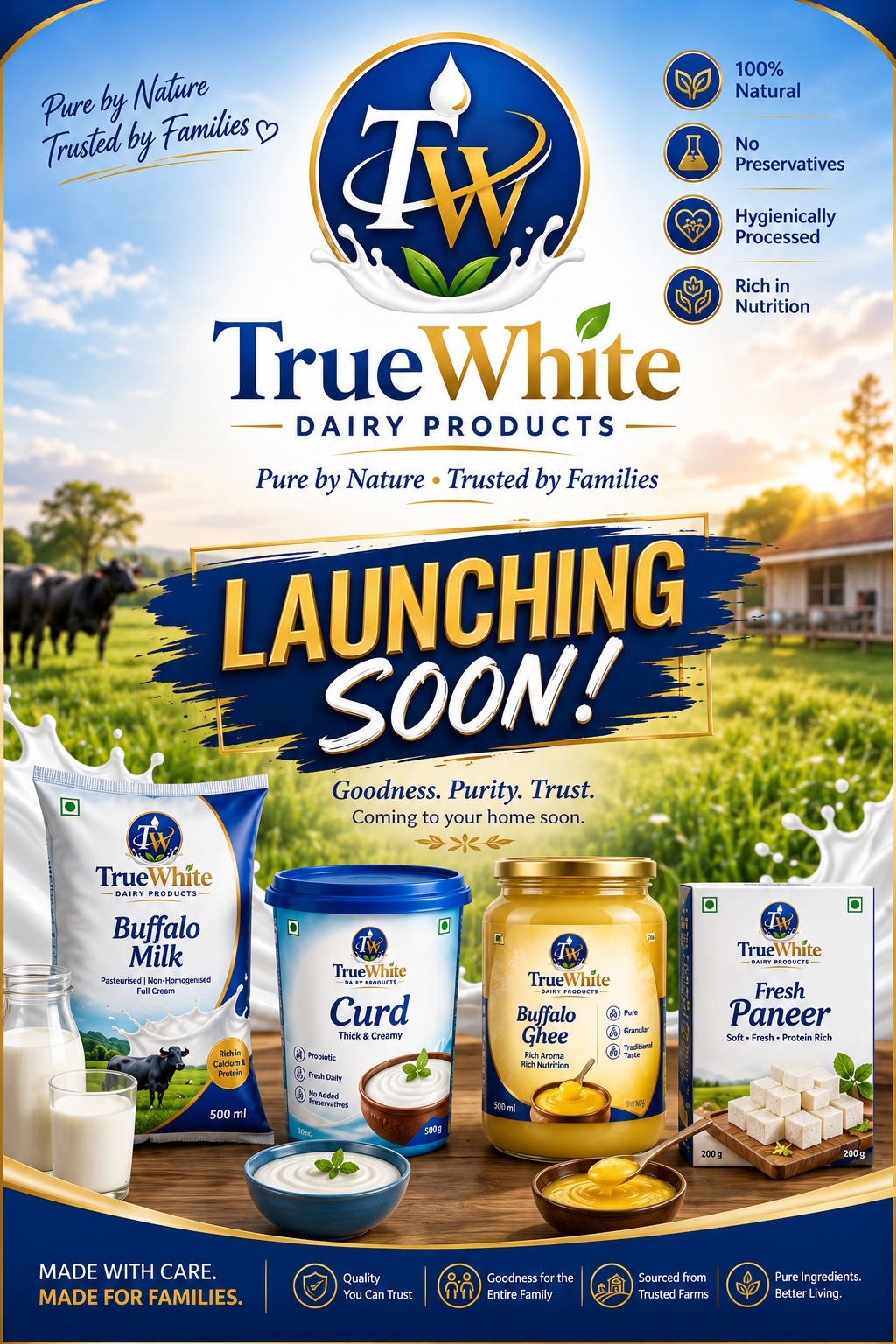 TrueWhite Dairy Products launching soon — Buffalo milk, curd, ghee, paneer